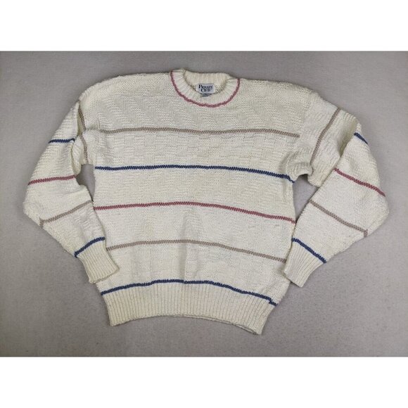 Private Club Vintage Men's Sweater White Striped Crew Neck Pullover Size XL - Picture 2 of 12